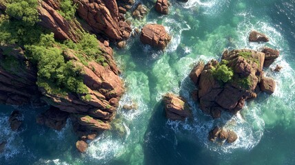 Aerial view of rugged rocky coastline with lush green vegetation and clear turquoise water