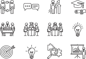 Business meeting collaboration communication and success icons, business, meeting, collaboration, communication, success, teamwork, ideas, learning, strategy, presentation, growth, target, puzzle, ana