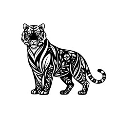 Ornate Black and White Tiger Illustration with Floral Details.
