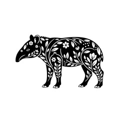 Floral Tapir Silhouette: Black and White Botanical Design.