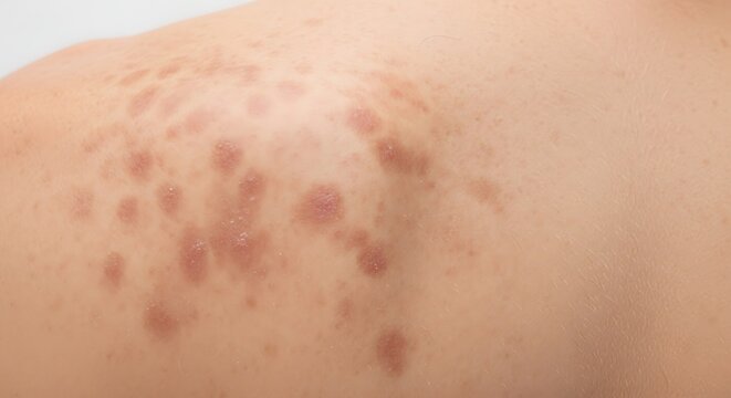 High Detail of Scaly Tinea Versicolor Papules on the Shoulder