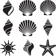 Vector art of collection of various seashell, starfish and sun silhouettes isolated on white background for design and decoration