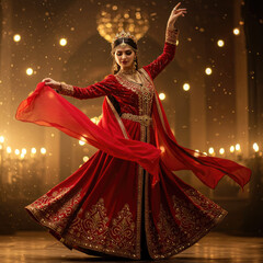 Cinematic Portrait of Graceful Belly Dancer in Deep Red and Gold Costume with Flowing Skirt