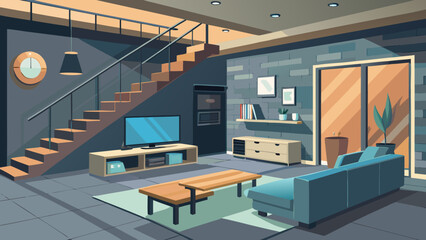 Vector art of modern living room interior design with sofa, television, coffee table, and staircase, showcasing contemporary home decor and comfortable furniture