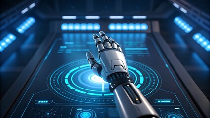 Futuristic robotic hand interacting with a glowing blue holographic interface