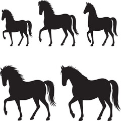 Vector art of silhouette of five majestic horses in various poses isolated on white background, showcasing their beauty and power