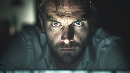 Businessman Striking Computer Screen in Dark Office Showing Frustration and Determination