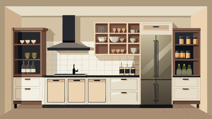 Vector art of stylish kitchen with dark wood and cream cabinets, a prominent black range hood, stainless steel refrigerator, and glassfronted display shelves