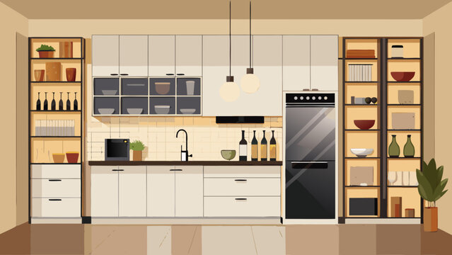 Vector art of sleek modern kitchen design with light wood finishes, integrated black appliances, and elegant pendant lighting, offering a sophisticated culinary space