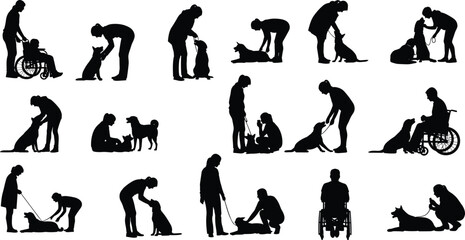 Silhouette people with dogs, therapy animals, wheelchair users, pet interaction, rehabilitation support, companionship, training, bond, care, inclusive scene, outdoors
