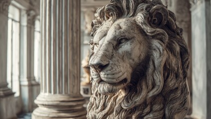 Fototapeta premium Close-up of a weathered marble lion statue within a classical colonnade