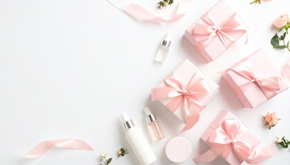 Cosmetic Serums, Flowers and Wrapped Gifts on White Background