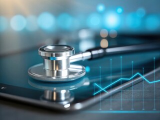 Stethoscope on digital tablet with medical data overlay