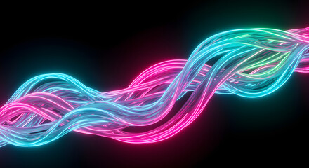 A dynamic wavy bundle of intertwined luminous tubes glowing with vibrant neon pink and cyan light.