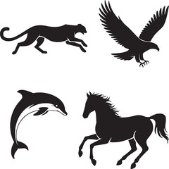 Vector art of collection of animal silhouettes isolated on white background featuring a panther, eagle, dolphin and horse