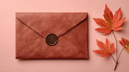Autumn-themed envelope with red maple leaves on pink background