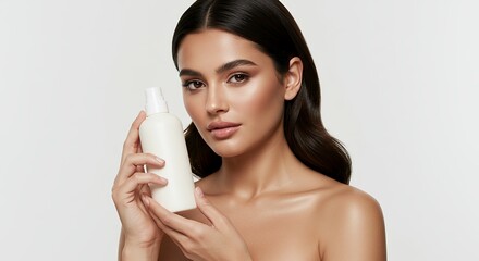 25 years old groomed young woman is holding a cream bottle, there is no logo or text on the bottle, Generative AI