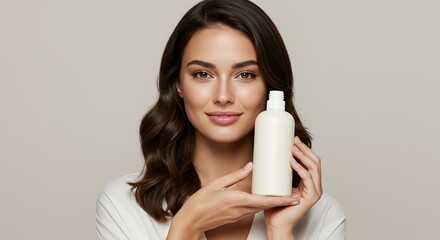 Groomed 30 years old brunette female model holding a cream bottle, there is no logo or text on the bottle, Generative AI