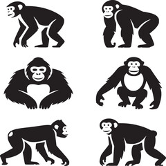Vector art of collection of monkey and ape silhouettes isolated on white background featuring gorilla and chimpanzee