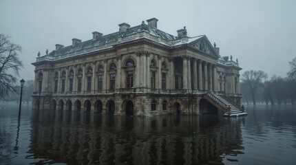 Fototapeta premium Historic Neoclassical Palace Partially Submerged in Floodwater with Dramatic Overcast