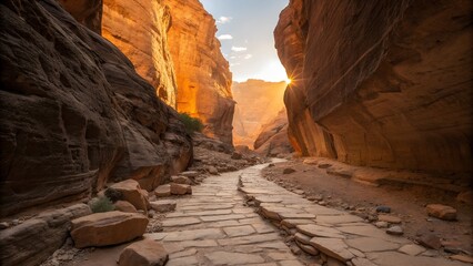 Golden light fills a rugged ancient stone path winding through a majestic narrow desert canyon under a bright sky.