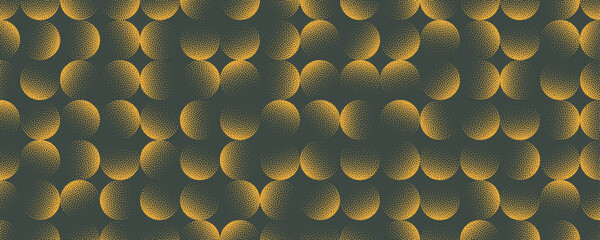 Vector abstract wide panoramic background with glowing yellow-green halftone circles. Grainy dotted texture creates vibrant contrast on dark base. Modern stylish geometrical design graphic abstraction