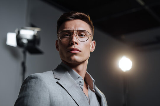 Confident young man in glasses wearing a grey suit jacket posing with professional studio lighting in the background - Powered by Adobe
