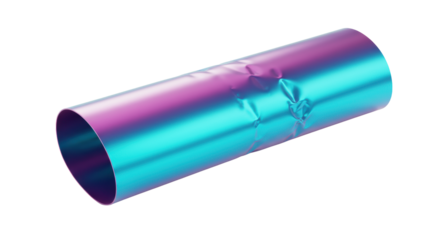 Abstract iridescent crumpled foil reflecting light with purple, teal, and cyan gradient against a clean white background, no shadows, 3/4 view, ultra realistic UHD photo, concept of material science