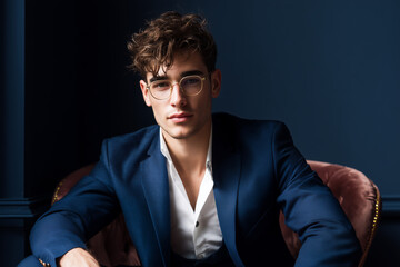 Fototapeta premium Confident young man in stylish blue suit and glasses posing in elegant dark room with modern decor