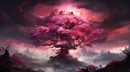 Fototapeta premium A stunning digital artwork of a pink, magical tree in a stormy landscape.