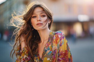 Portrait of a young woman with flowing hair wearing a colorful floral blouse in an urban setting