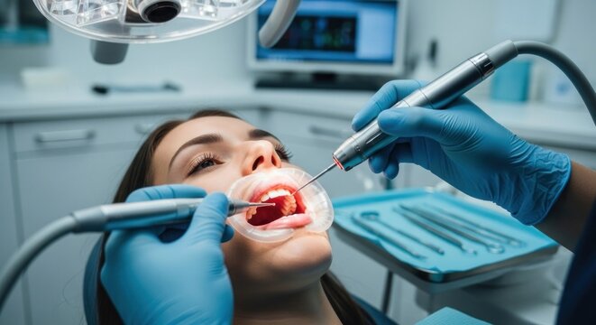 Dental exam woman at dentist, tools visible, focused under bright light
