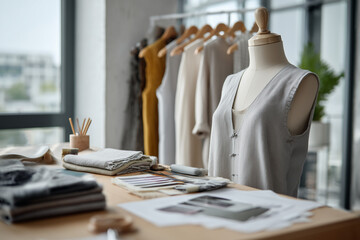 Fashion designer workspace with a dress form, fabric samples, and clothing rack in a bright studio
