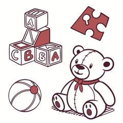 Illustration of toys including blocks, puzzle, teddy bear, and ball isolated on white background