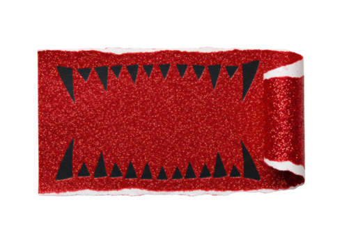 Vibrant red glitter paper with jagged edges and black tribal pattern, corner peeled revealing white underside, on bright white background with copy space, flat lay, studio lighting, abstract design