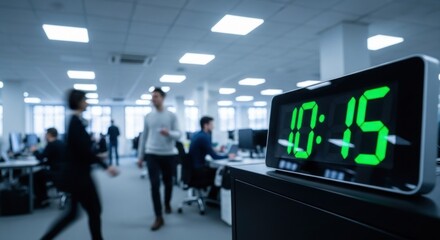 Digital clock shows 1015 in busy office, workers blurred