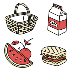 Picnic basket with milk, sandwich, watermelon and cherry isolated on white background