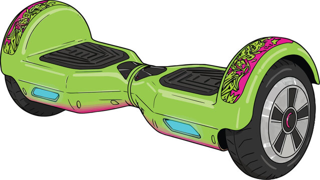 A vibrant green hoverboard with eye-catching pink and green dragon designs, featuring black footpads and wheels, showcasing modern technology and style