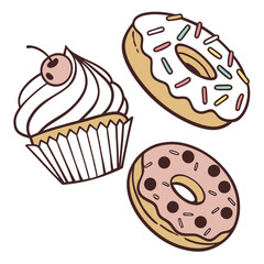 Cupcake and donuts isolated on white background, sweet dessert illustration