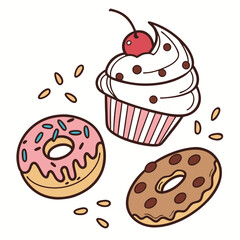 Cupcake and donuts isolated on white background, sweet dessert vector illustration