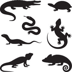 Vector art of silhouette vector illustration of various reptiles, including crocodile, turtle, snake, lizard isolated on white background