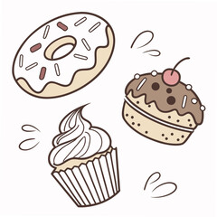 Delicious donut and cupcake isolated on white background for dessert menu