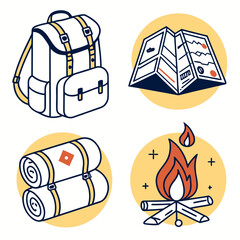 Camping equipment illustration with backpack, map, sleeping bag and bonfire