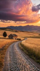 Obraz premium A winding stone path crosses golden fields towards a rustic house. The dramatic sunset sky glows with colorful clouds above distant mountains.