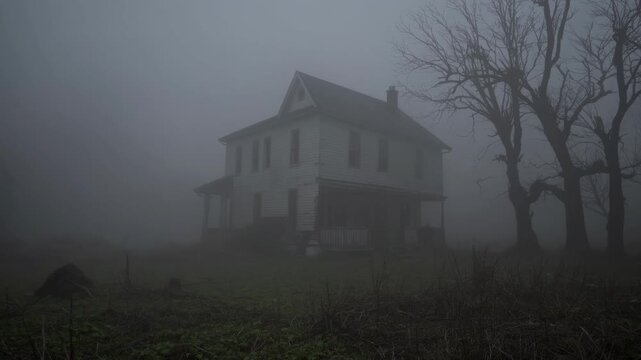 Eerie abandoned house shrouded in fog with leafless trees  