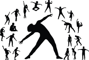 Expressive dance silhouette collection with diverse human poses, artistic choreography, energetic motion, perfect for creative, fitness, lifestyle, education themes