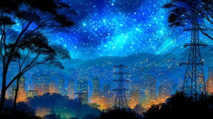 Illuminated cityscape under a vibrant starry night sky with silhouetted trees and power pylons