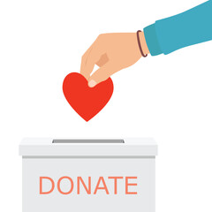 Donation box and charity concept. Hand putting red heart to donation box