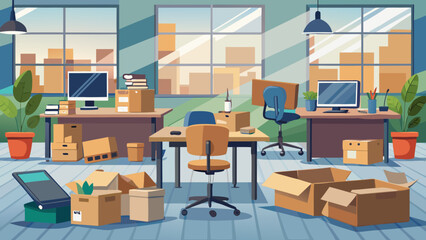 Vector art of an empty office space filled with moving boxes and office supplies, suggesting a business relocation or new office setup