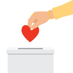 Donation box and charity concept. Hand putting red heart to donation box